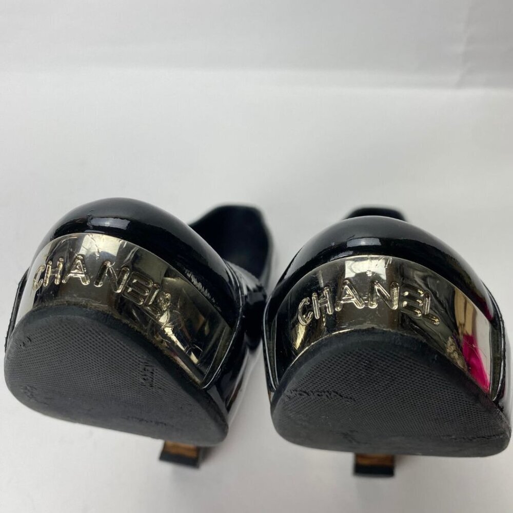 CHANEL Patent Silver Name Plate Chrome Logo Cap Toe Black Chunky Pumps Size 37.5 - Picture 4 of 10